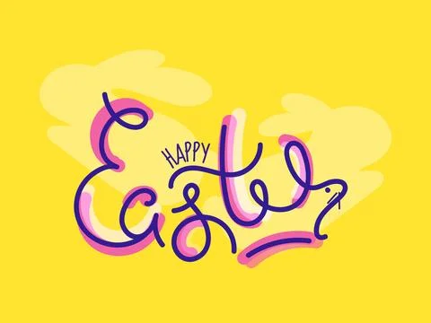 Hand Drawn Text of Happy Easter on Yellow Background. Stock Illustration