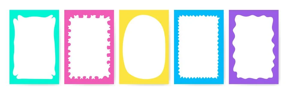 Hand drawn Textbox set with bright rich colors. Doodle wavy scalloped edge ba Stock Illustration