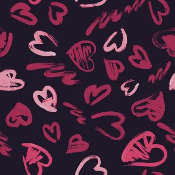Hand drawn texture. Hearts, brush strokes, seamless pattern made with ink. Stock Illustration
