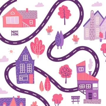 Hand drawn textured spring background with little houses, roads and trees Stock Illustration