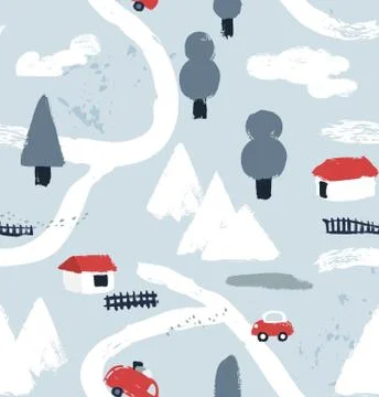 Hand drawn textured winter pattern with little houses, roads, mountains and 스톡 일러스트