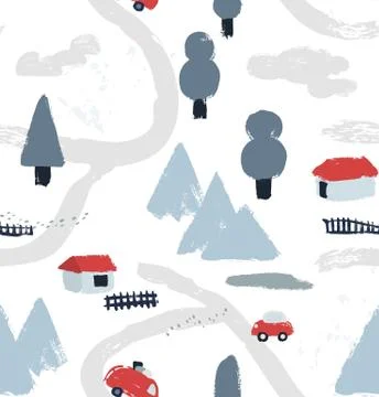 Hand drawn textured winter pattern with little houses, roads, mountains and Stock Illustration