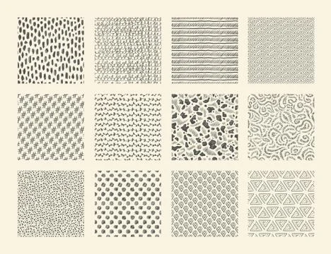 Hand drawn textures. Seamless ink brush patterns with dots strokes grunge and Illustrazione stock