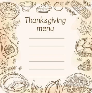 Hand Drawn Thanksgiving Menu Template with Turkey and Traditional Food Stock Illustration
