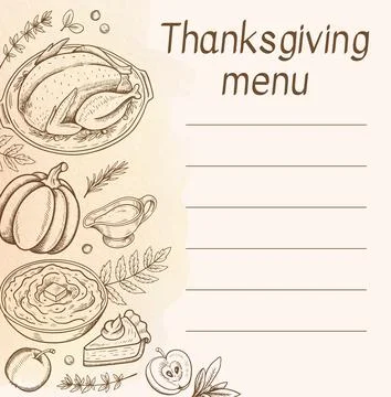 Hand Drawn Thanksgiving Menu Template with Turkey and Pumpkin Stock Illustration