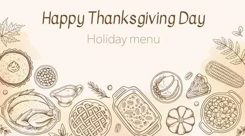 Hand Drawn Thanksgiving Menu Template with Turkey and Traditional Food Stock Illustration