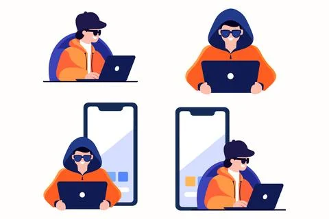 Hand Drawn Thief or hacker in concept Cyber Security in flat style Stock Illustration