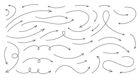 Hand drawn thin line arrows set. Vector curvy and wavy arrows isolated on w.. Stock Illustration