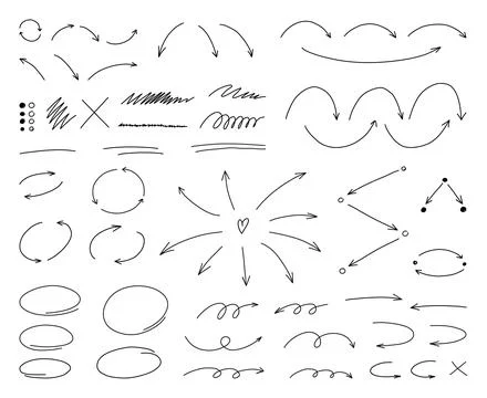 Hand drawn thin line arrows and highlight design elements. Vector line dood.. Stock Illustration