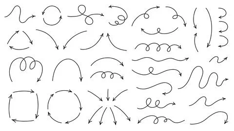 Hand drawn thin line arrows set. Vector design elements isolated on white b.. Illustrazione stock