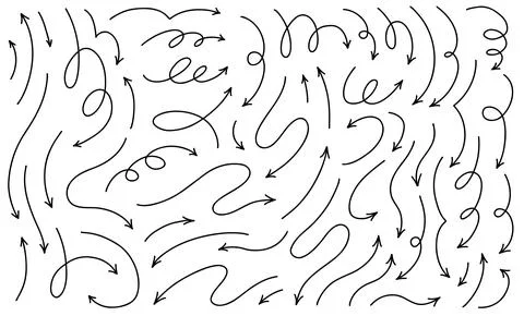 Hand drawn thin line arrows set. Big collection of vector curvy and wavy arro Stock Illustration