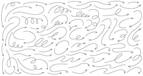 Hand drawn thin line arrows set. Many vector curvy, wavy spiral arrows isol.. Illustrazione stock
