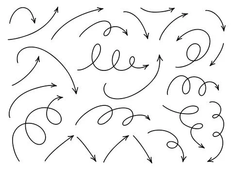 Hand drawn thin line dinamic arrows set. Vector design elements isolated on w Stock Illustration