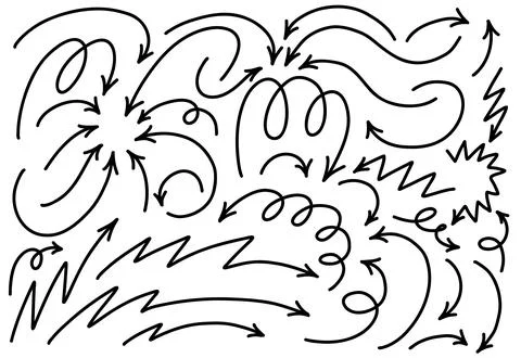 Hand drawn thin line dynamic arrows set. Vector black design elements isola.. Stock Illustration