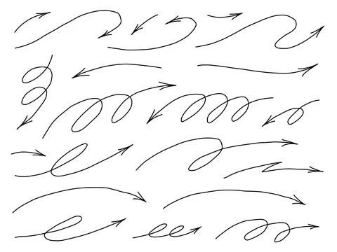 Hand drawn thin line dynamic arrows set. Vector design elements isolated on Stock Illustration