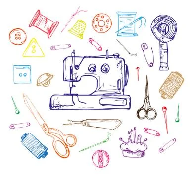 Hand drawn thread, needle, scissors, ball of yarn, knitting needles, crochet. Stock Illustration