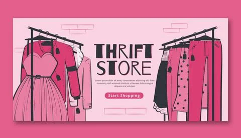 Hand drawn thrift store horizontal banner Stock Illustration