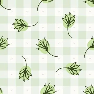 Hand drawn thyme herb twig gingham seamless pattern. Vector vintage check retro Stock Illustration