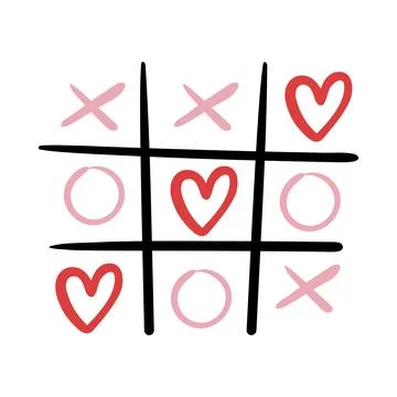 Hand-drawn tic-tac-toe featuring red hearts, pink crosses and circles on a .. 스톡 일러스트