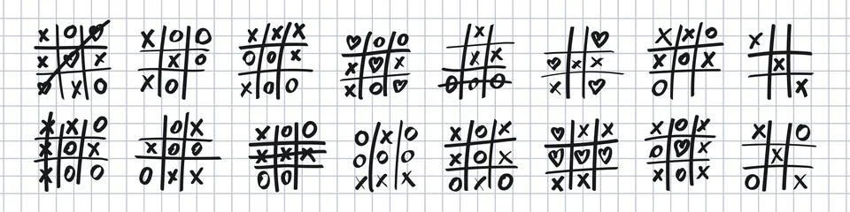 Hand drawn tic tac toe doodle set. Sketchy pencil game elements with X, O, .. イラスト素材