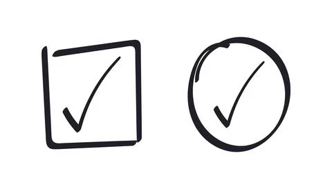 Hand drawn Tick in circle, square border. Check Mark. Isolated written in black Illustrazione stock