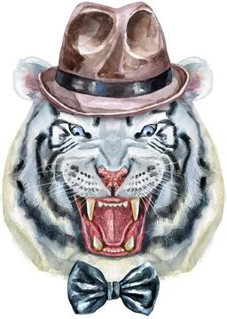 Hand drawn Tiger in brown hat and bow-tie. Watercolor drawing white tiger head Иллюстрация