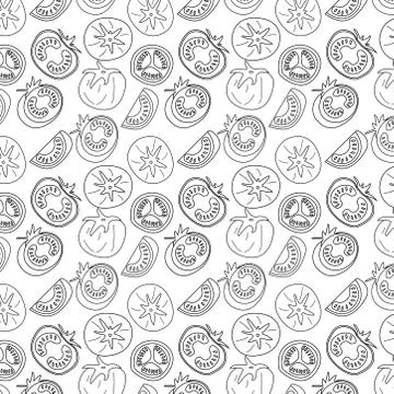 Hand drawn tomatoes linear outline seamless pattern on white background. イラスト素材