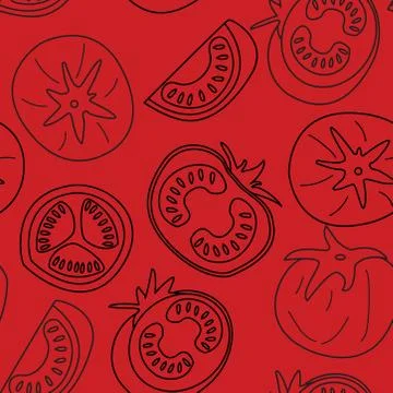 Hand drawn tomatoes linear outline seamless pattern on red background. Stock Illustration