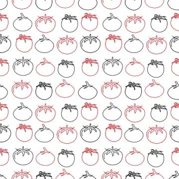 Hand drawn tomatoes linear outline seamless pattern on white background. Stock Illustration