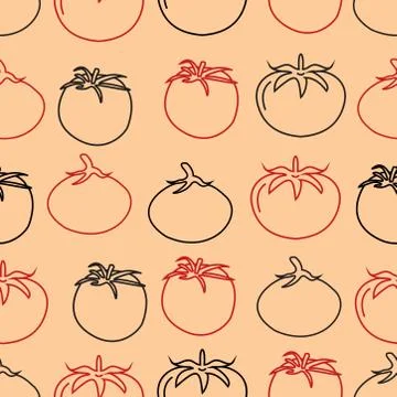 Hand drawn tomatoes linear outline seamless pattern on white background. Stock Illustration