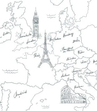 Hand drawn tourist map with sights of Europe Stock Illustration