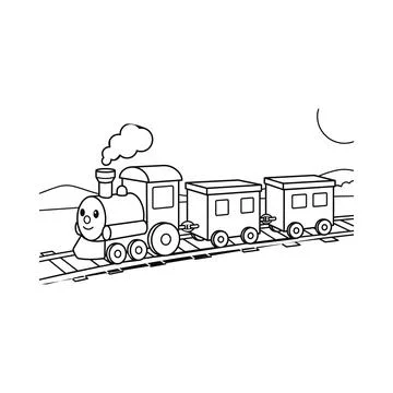 Hand Drawn Toy Train Engine with Carriages on Tracks Coloring Page Ilustración de archivo