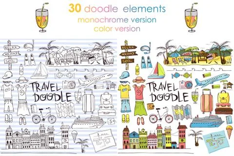 Hand drawn travel objects for design, travel doodles and lettering, travel hand Stock Illustration