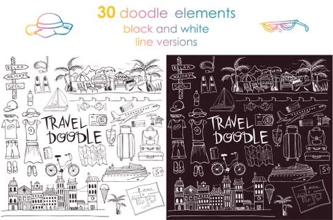 Hand drawn travel objects for design, black and white travel doodles and Stock Illustration