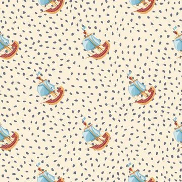Hand drawn travel seamless pattern with blue sailboat ship elements print. Do Stock Illustration