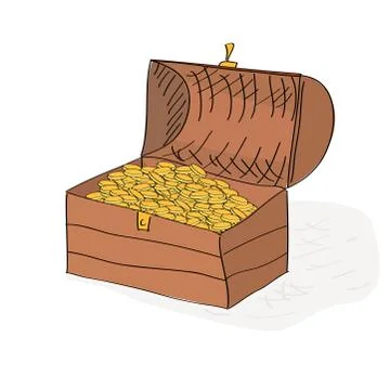 Hand drawn treasure chest full of gold coins Stock Illustration