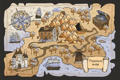 Hand drawn treasure map from pirate fantasy adventure. Cartoon island Illustrazione stock