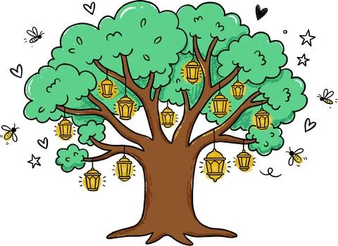 Hand-drawn tree with hanging lanterns and decorative elements. Stock-Illustration