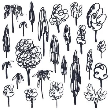 Hand-drawn trees set. Stock Illustration