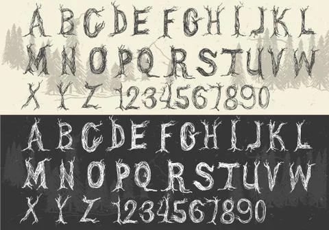 Hand Drawn Trees Vector Font Stock Illustration