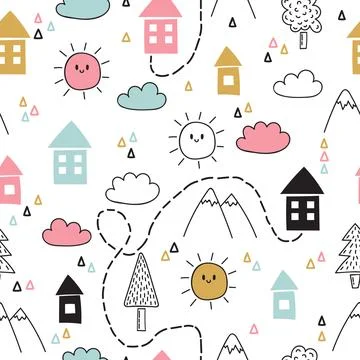 Hand drawn tribal seamless pattern with cartoon houses, trees and mountains.. Illustrazione stock