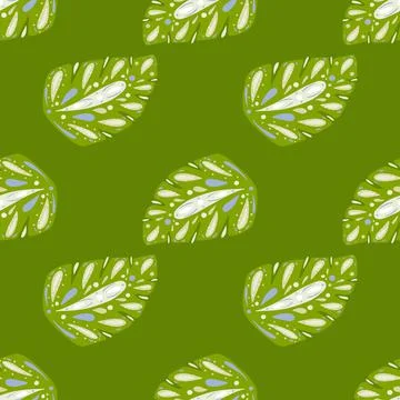 Hand drawn tropic seamless pattern with folk monstera leaf shapes. Green brig Stock Illustration