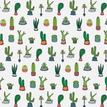 Hand Drawn Tropical Cactus Pattern. Hand Made Vector Illustration. Stock Illustration