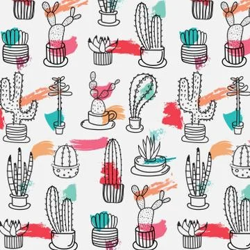 Hand Drawn Tropical Cactus Pattern. Hand Made Vector Illustration. Stock Illustration
