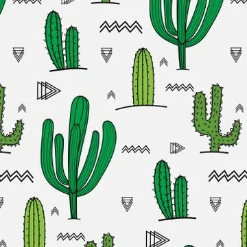 Hand Drawn Tropical Cactus Pattern. Vector Illustration Background. Stock Illustration