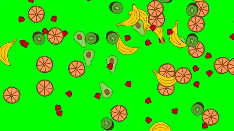Hand drawn tropical fruit falling down on green screen background. 4K screens Stock Footage 148463638