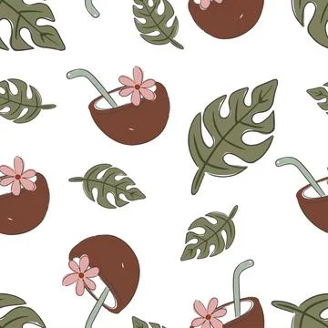 Hand drawn tropical pattern coconuts and tropical leaves with flowers on a white Stock Illustration