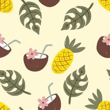 Hand drawn tropical pattern featuring pineapples, coconut drinks, and lush Stock Illustration