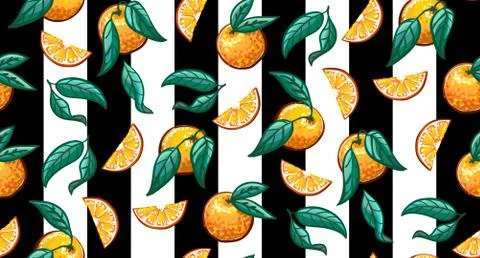 Hand-drawn Tropical seamless pattern with branch of oranges. Fruit repeated Stock Illustration