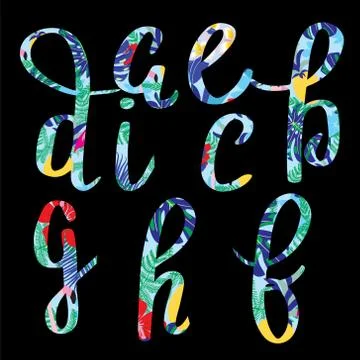 Hand drawn Tropical summer pattern ornamental letters set on black background Illustrazione stock